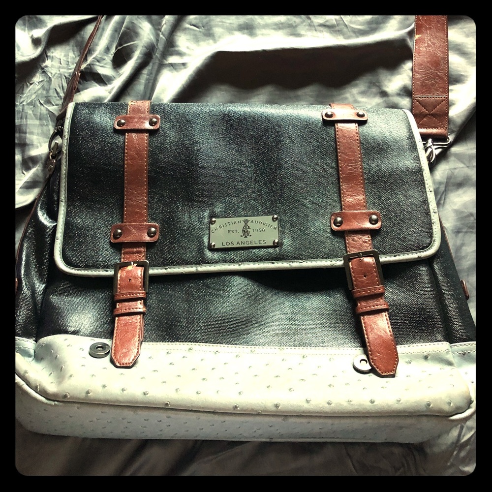 Christian Audigier Ostrich Leather Messenger Bag.